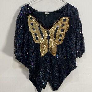 Vintage Pure Silk Butterfly Sequin Top‎ Bling S/M?